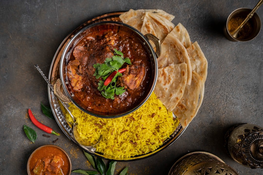 Indian vegetarian festive dinner with naan and curry